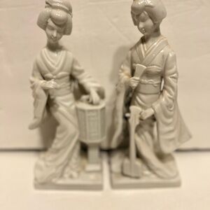 A Pair of Vintage White Porcelain Japanese Geisha Figurines